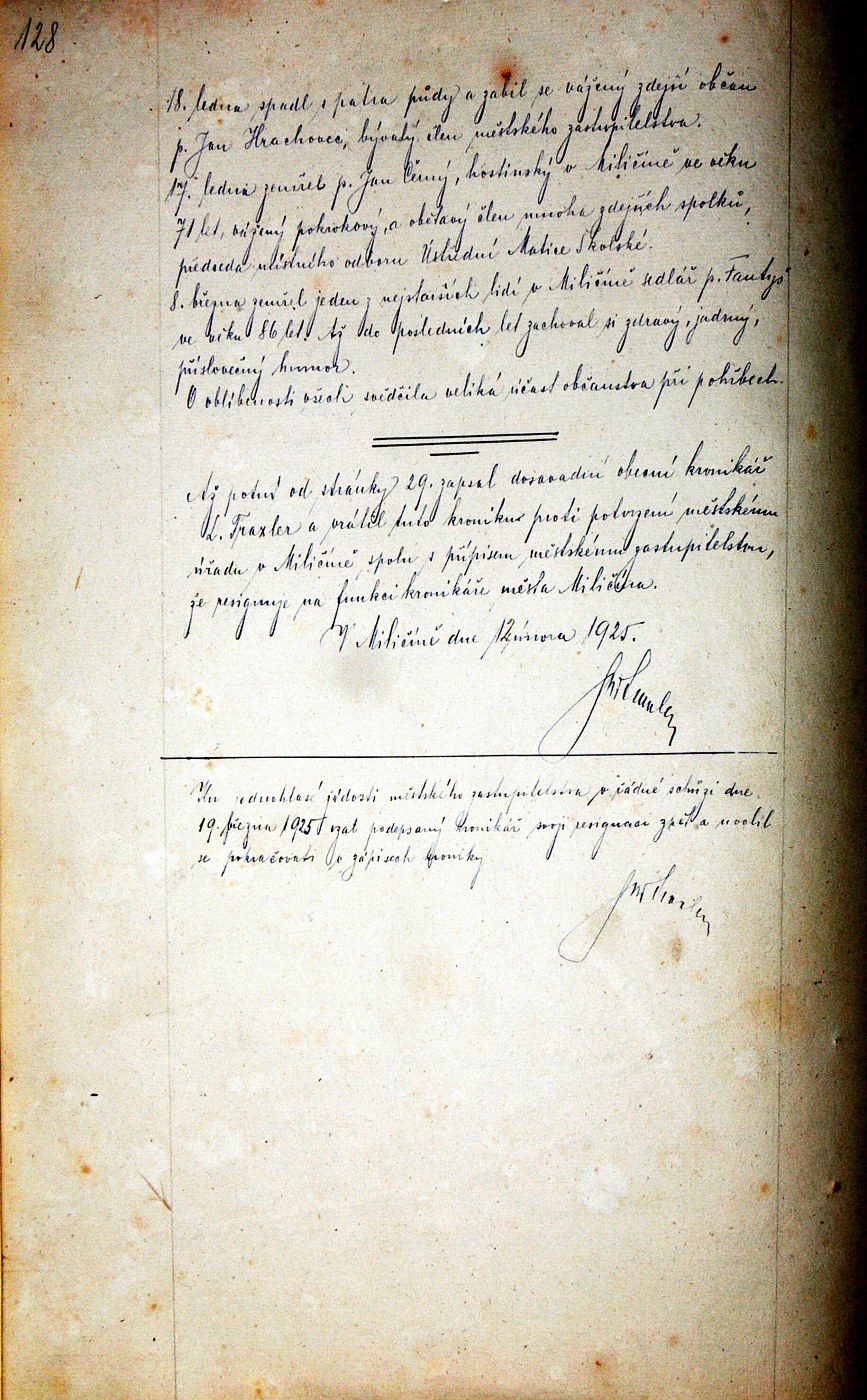 První pamětní kniha města Miličína, strana 128
